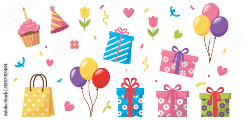 Vibrant Birthday Party Celebration Kit Colorful Balloons Festive Gifts Sweet Cupcake Party Hat Confetti Joyful Event