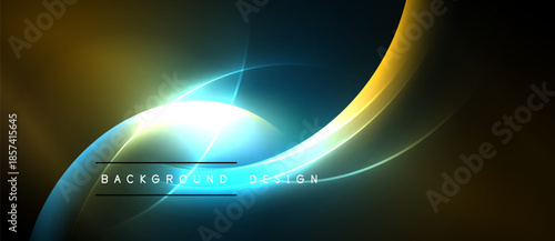 Abstract design features flowing curves, bright light, dark background. Gradient colors create dynamic visual effect. Modern, sleek presentation.