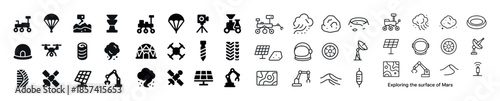 Mars exploration icons: rovers, drones, solar panels, and geolog