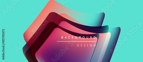 Abstract layers overlap, creating vibrant color gradients. Turquoise background complements purple, pink hues. Modern design element.