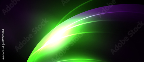Abstract design features vibrant green, purple hues. Bright light emanates from center, creating dynamic flow. Smooth curves dominate composition.