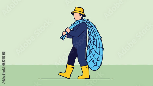 Fisherman Carrying a Fishing Net, Walking on Green Surface