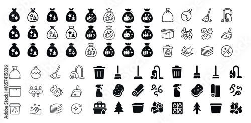 Recycling and cleaning icons set: waste management, brooms, vacu