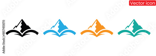 Vibrant vector icons combining mountain peaks with open books in black, blue, orange, and green, perfect for education, travel, or literature branding