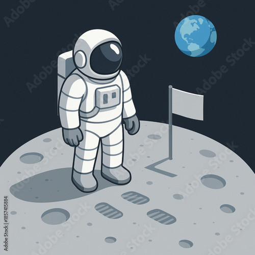 Astronaut Standing on the Moon's Surface with Earth in the Background and Footprints on the Ground