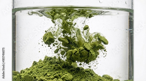 Green powder dissolving in water creating abstract healthy drink concept