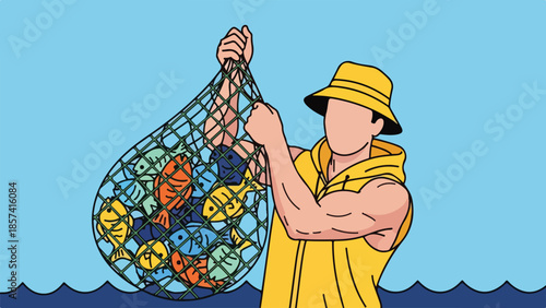 Fisherman Holding Net Filled with Colorful Fish