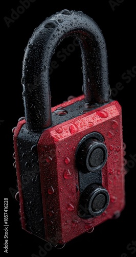 Red/black padlock with water drops on it