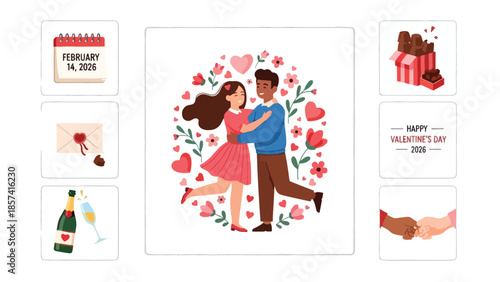 Diverse Couple Celebrating Love with Valentines Day Symbols and Hearts