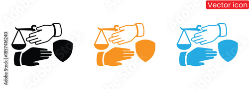 A symbolic representation of justice and protection with hands holding scales and shields in different colors.