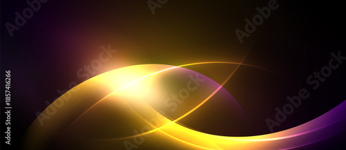 Abstract design features vibrant yellow curves, purple hues, dark background. Light radiates from central point creating dynamic effect.
