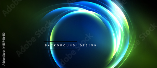 Abstract circular design. Bright neon colors blend into dark background. Modern aesthetic, dynamic composition, elegant presentation.