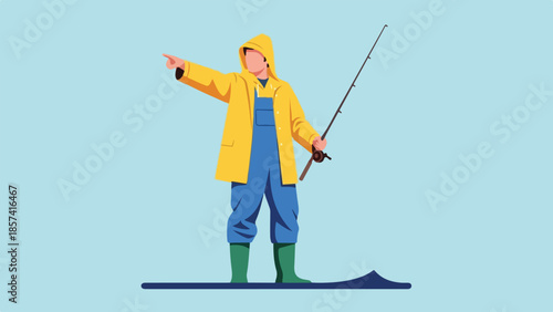 Fisherman in Yellow Raincoat Points Fishing Rod