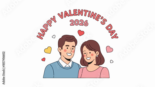 Happy Valentine's Day 2026 Romantic Couple Smiling with Floating Hearts