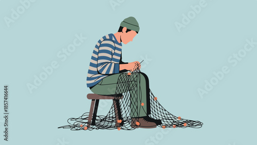 Fisherman Mends Fishing Net While Seated on a Wooden Stool