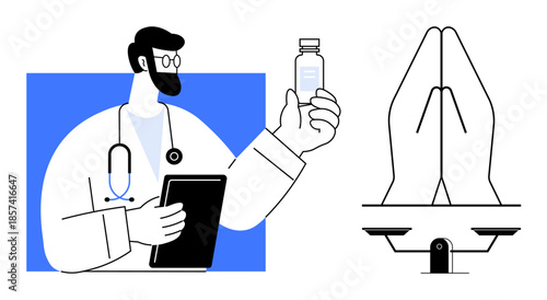 Healthcare, telemedicine, technology, medical ethics, remote consultation, faith in healthcare. A doctor holding a medicine bottle and tablet, hands in prayer gesture beside. Healthcare