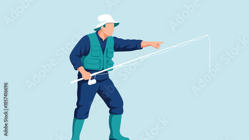 Fisherman Outdoors Pointing with Fishing Rod