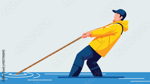 Fisherman Pulling Rope in Deep Water Illustration