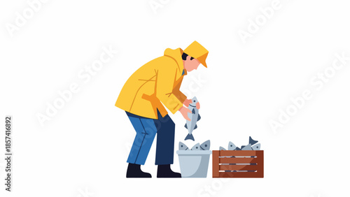 Fisherman Sorting Fish into Buckets and Wooden Crate