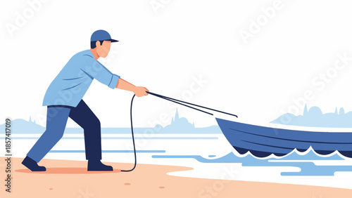 Man Pulling Boat on Shoreline Illustration