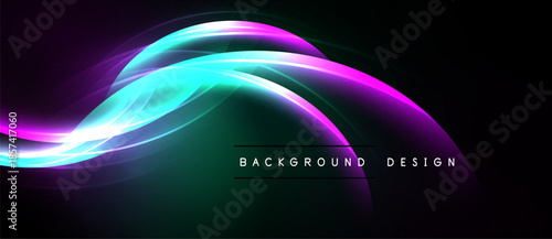 Abstract vibrant waves, flowing curves. Dark background contrasts bright colors, creating dynamic visual effect. Modern design element.