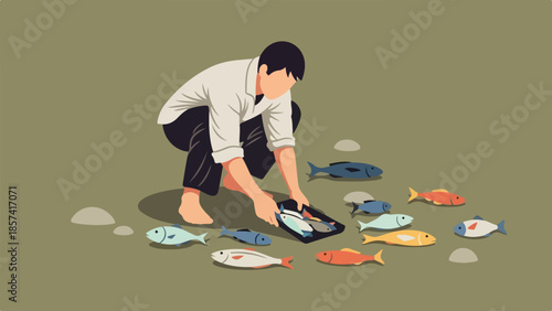 Man Sorting Colorful Fish on the Ground, Cartoon Illustration