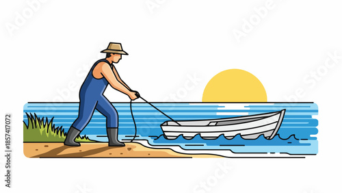 Man Pulling Boat on Shore at Sunset Illustration