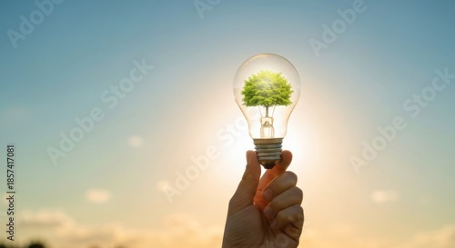 Hand holds a light bulb, a small tree inside. Sunrise sky