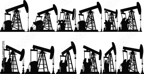Vector silhouette collection of oil pump jacks, industrial petroleum extraction machine icons, fossil fuel drilling rig set, black energy illustration.