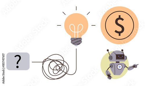 Robot solving tangled line leading to light bulb and dollar sign. Ideal for creativity, problem-solving, AI, innovation, business, finance, and automation themes. Simple flat metaphor