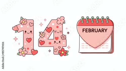 Adorable Kawaii Valentine's Day Calendar Pink Hearts and Flowers Celebration