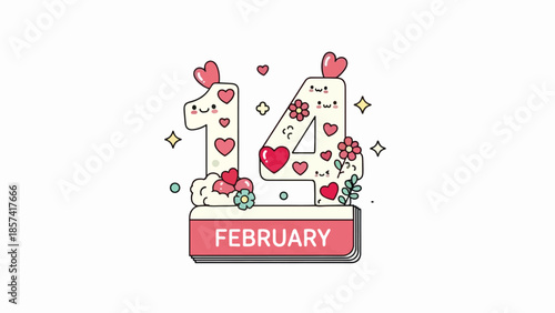Cute Kawaii 14 February Calendar Illustration for Sweet Valentine's Day Celebration