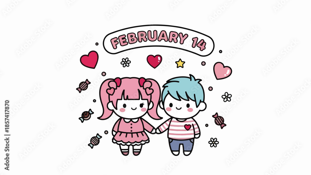 Fototapeta premium Adorable Chibi Characters Sharing Love on Valentine's Day February 14th