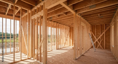 Interior view of a house under construction, showcasing wooden framing