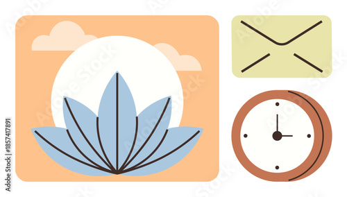 Lotus with sunrise symbolizing growth and calm, envelope for communication, and clock for time management. Ideal for mindfulness, productivity, work-life balance, spirituality, wellness, focus