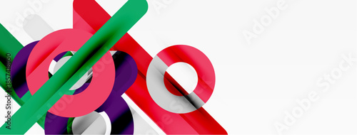 Abstract geometric shapes overlap, creating vibrant color contrasts. Lines intersect circles, forming dynamic composition. Modern design elements present.