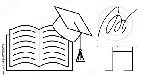Education, knowledge sharing, academic success, certification, learning tools, institution. Open book with graduation cap, signature and desk outline. Education and knowledge sharing concept