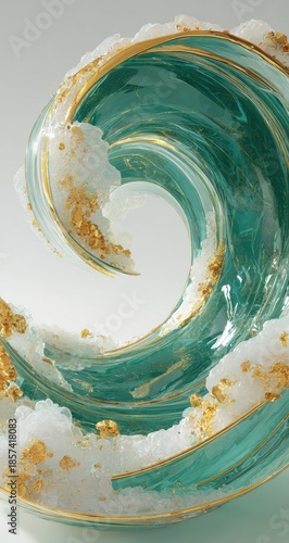 Glass wave sculpture, teal & white with gold accents