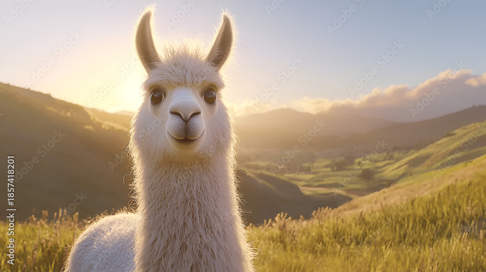 Fototapeta premium White llama standing in a lush green meadow, illuminated by warm sunlight, with rolling hills and a picturesque landscape in the background, showcasing natural beauty and tranquility