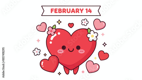 Adorable red heart character surrounded by flowers and small hearts for February 14 celebration
