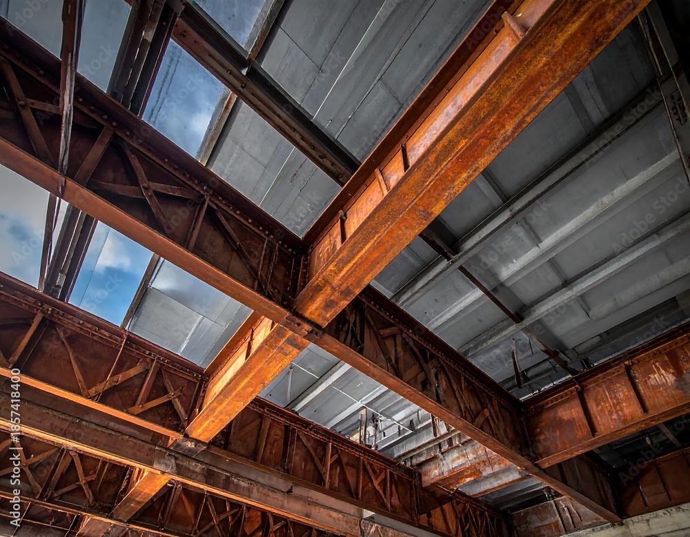 Fototapeta premium Rusty, geometric steel beams frame a glimpse of sky through a roof