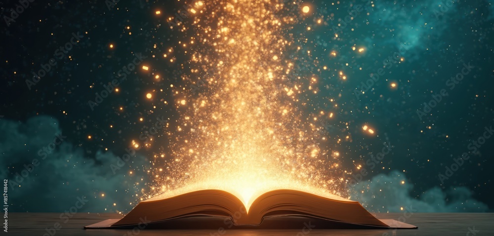 Fototapeta premium Open book emits glowing particles into dark sky. Magical light bursts upward from pages. Fantasy story unfolds creating wondrous illumination. Knowledge sparks adventure in imagination.