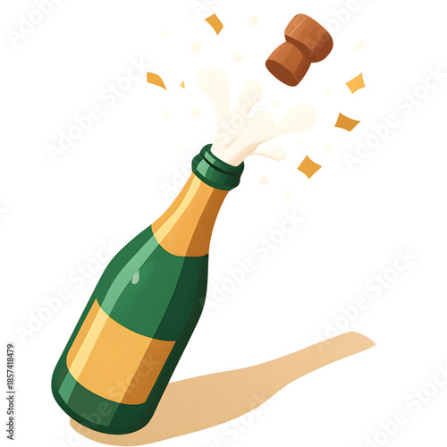 A celebratory champagne bottle pops open with a splash of bubbly liquid and confetti, symbolizing a joyful occasion