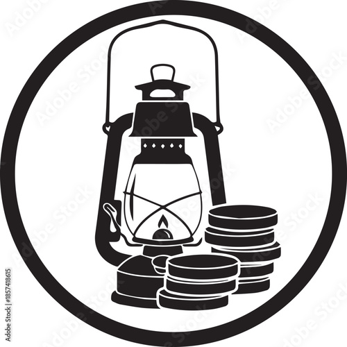 Vintage kerosene lantern with stacked coins inside a circle