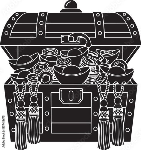 Open treasure chest filled with gold coins and jewels