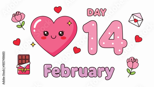 Happy Valentine's Day Illustration Featuring a Lovable Kawaii Heart and Treats