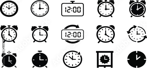 Black and White Clock and Timer Icons Set – Digital and Analog Time Symbols