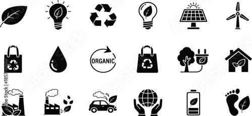 Eco-Friendly and Renewable Energy Icons Set – Sustainable Environment and Green Technology Symbols