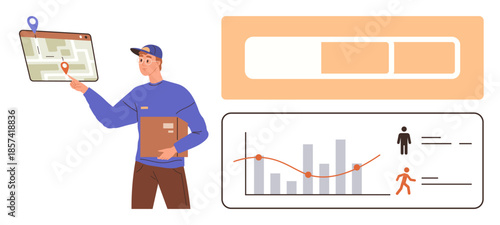 Delivery worker holding package and interacting with a digital map. Includes a progress tracker and performance chart detailing activity and productivity. Ideal for logistics, delivery, navigation