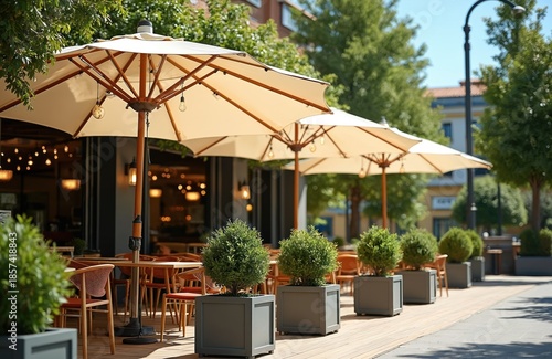 Empty cafe terrace with beige umbrellas and glowing bulbs offers outdoor seating. Tables and chairs wait for patrons in potted green plants on a sunny day, inviting relaxation and dining.
